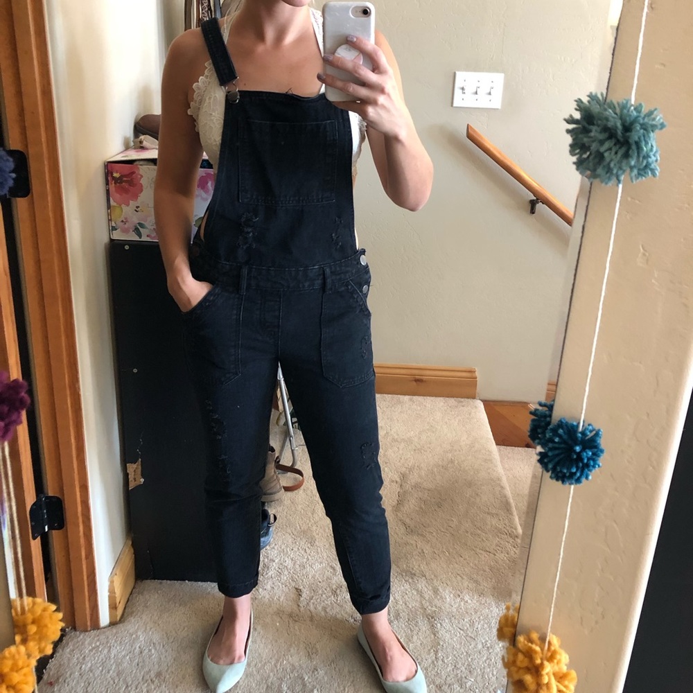 Distressed Black Skinny Overalls